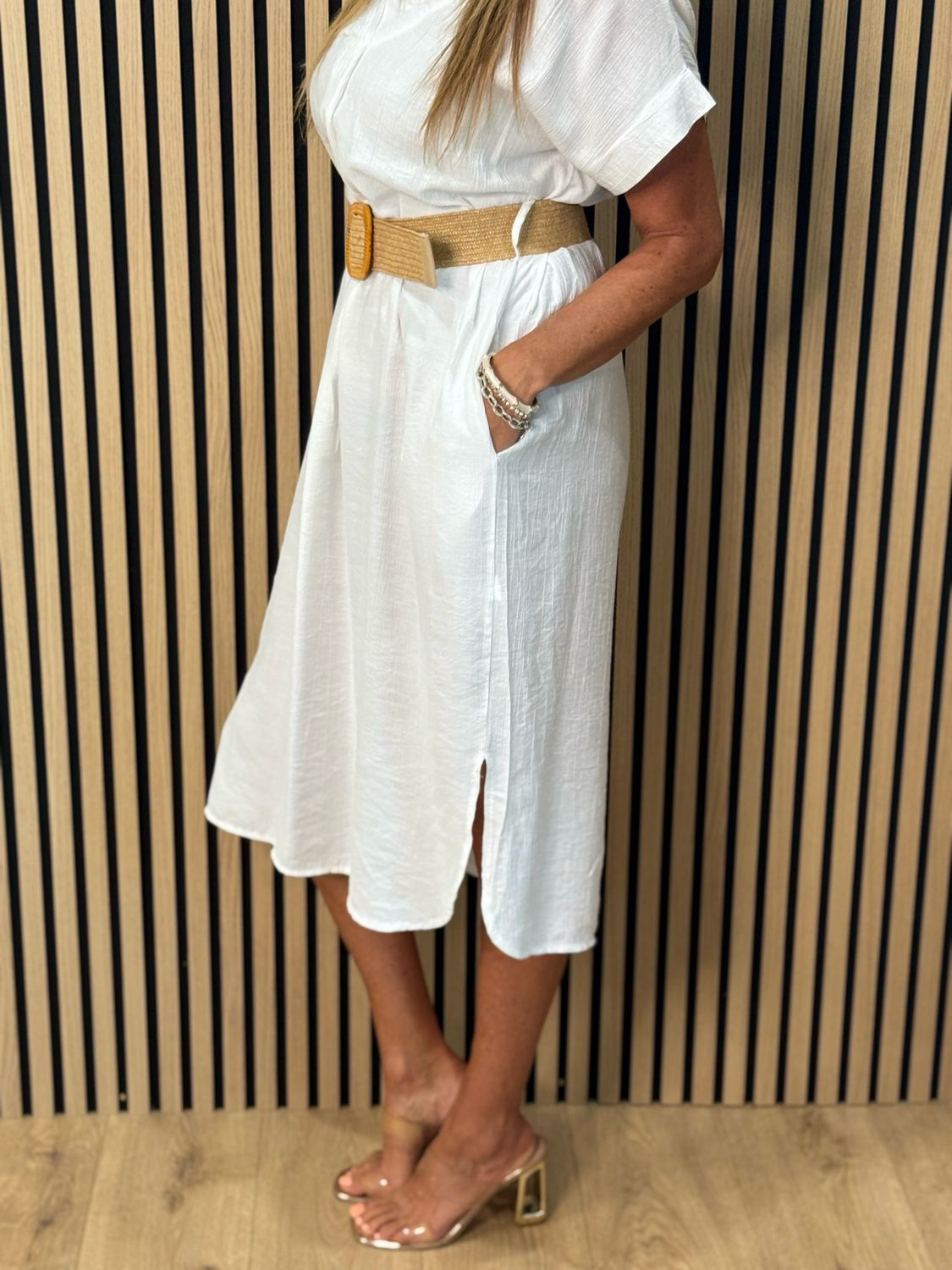 Belted V Neck Dress - White