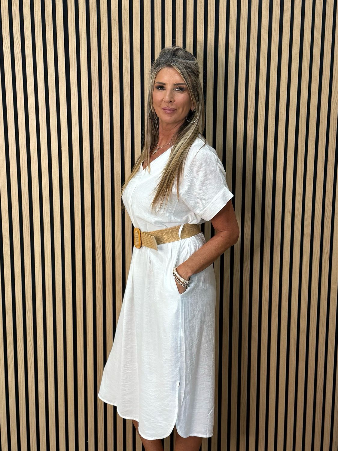 Belted V Neck Dress - White