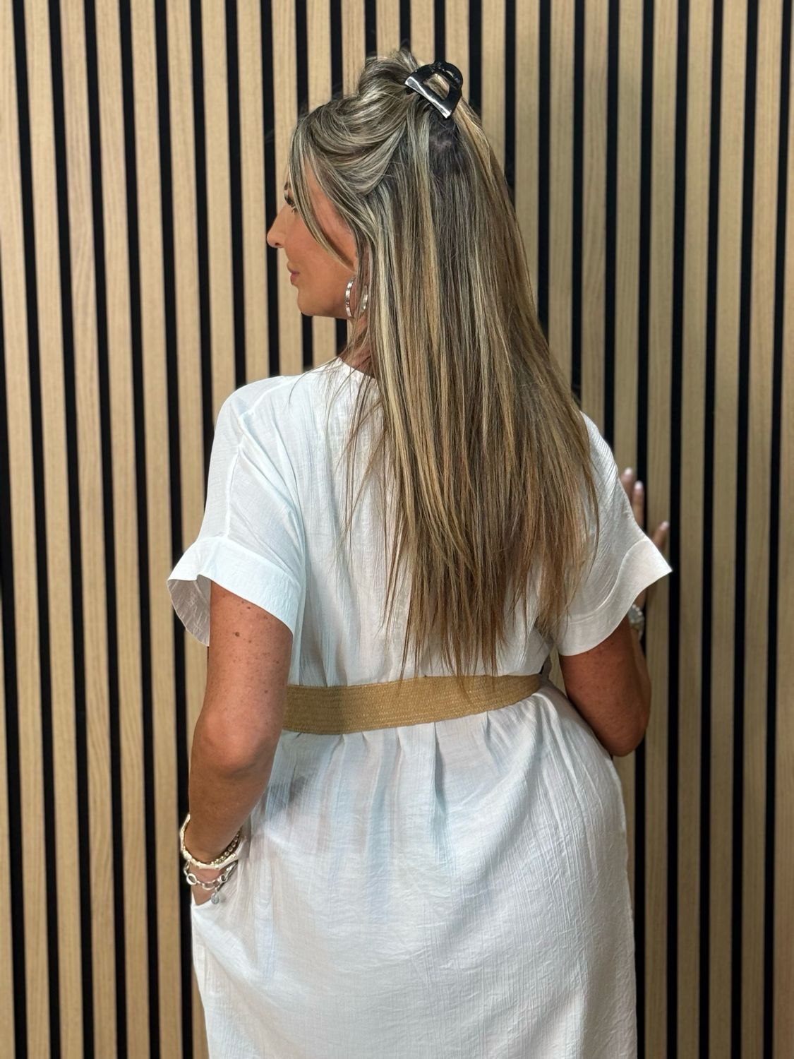 Belted V Neck Dress - White