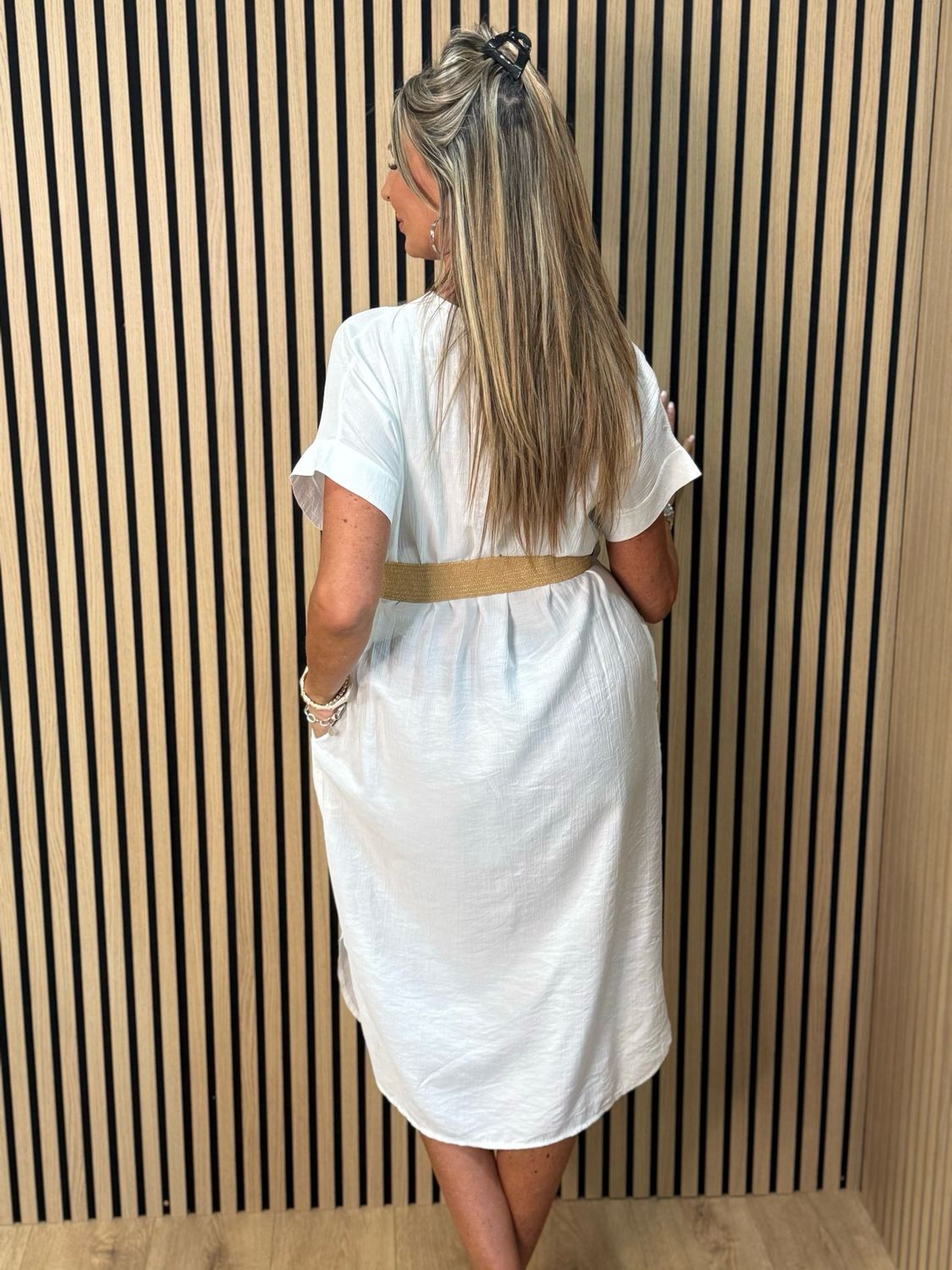 Belted V Neck Dress - White