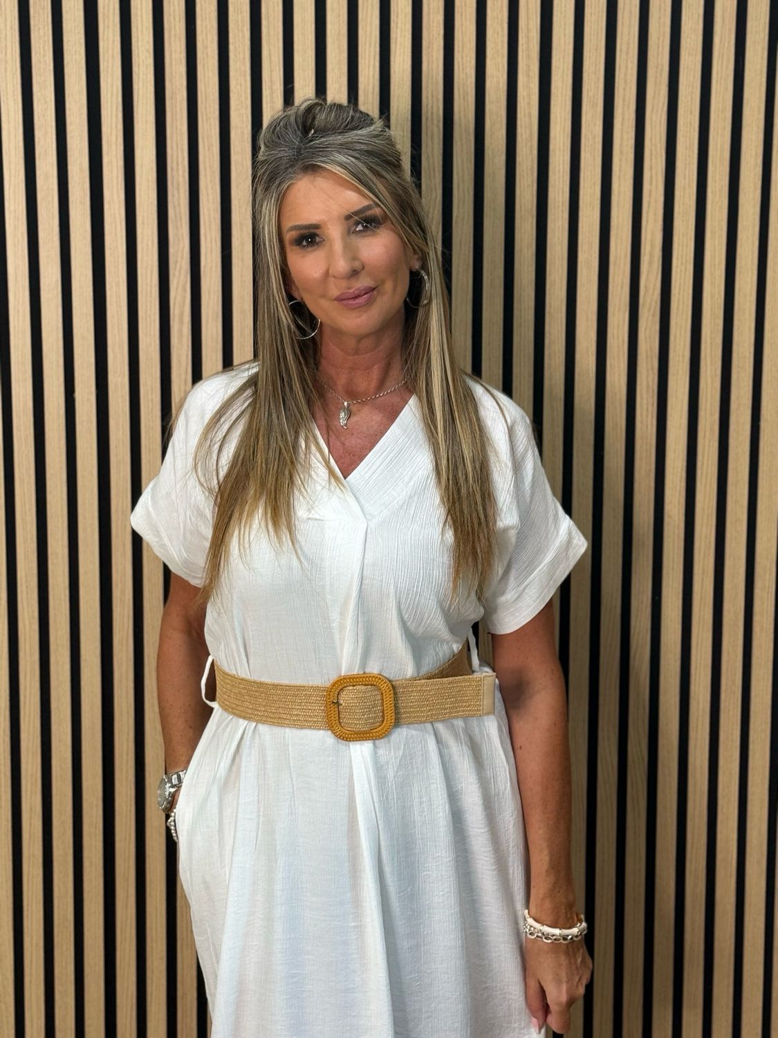 Belted V Neck Dress - White