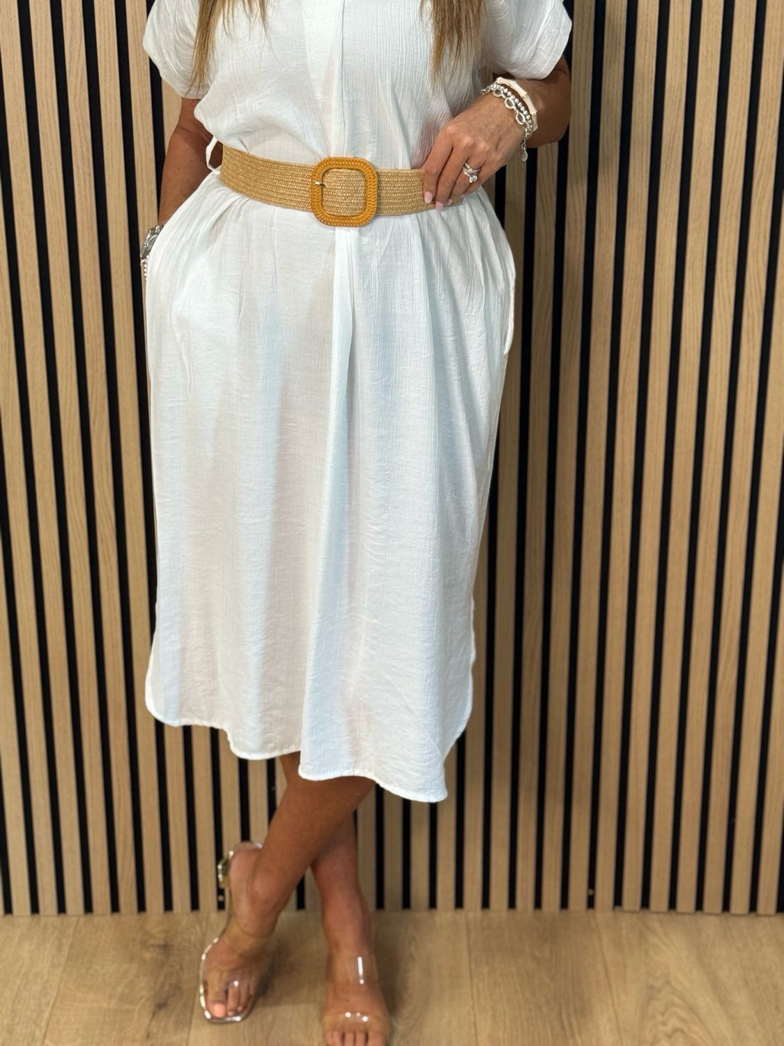 Belted V Neck Dress - White