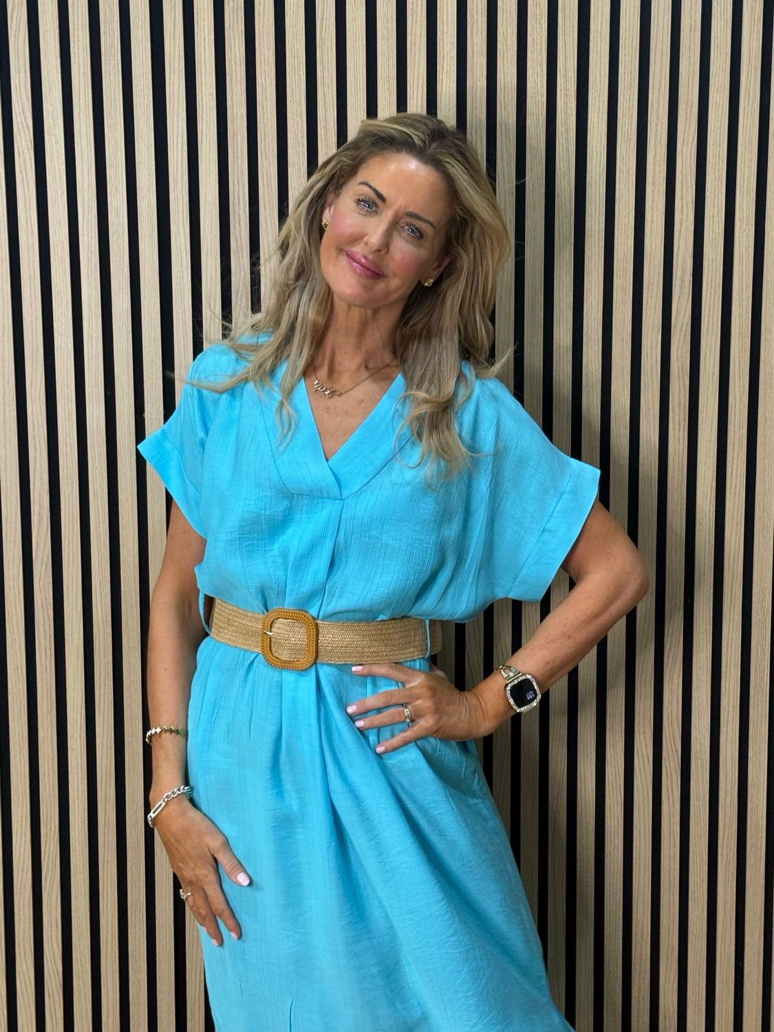 Belted V Neck Dress - Aqua