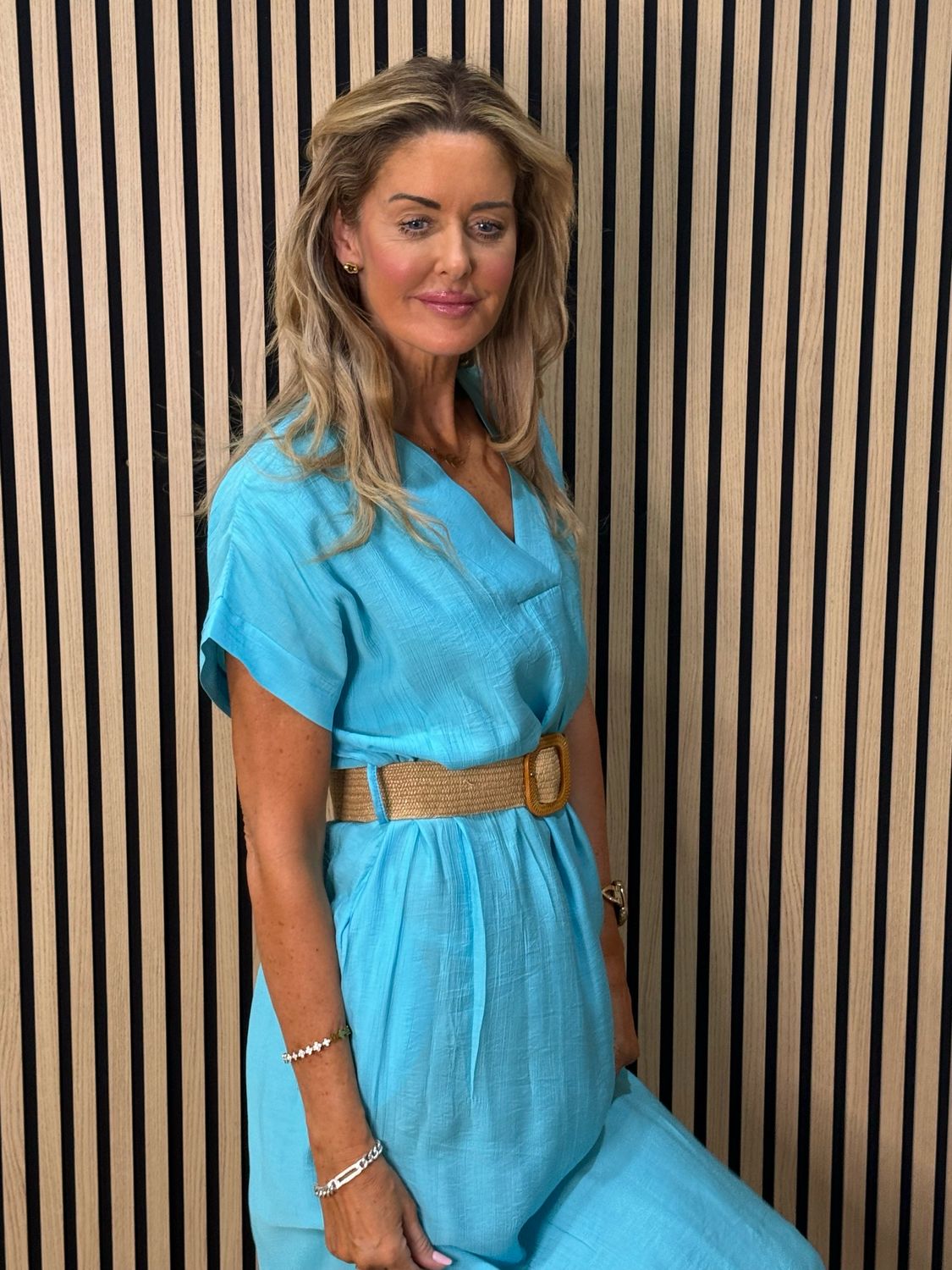 Belted V Neck Dress - Aqua
