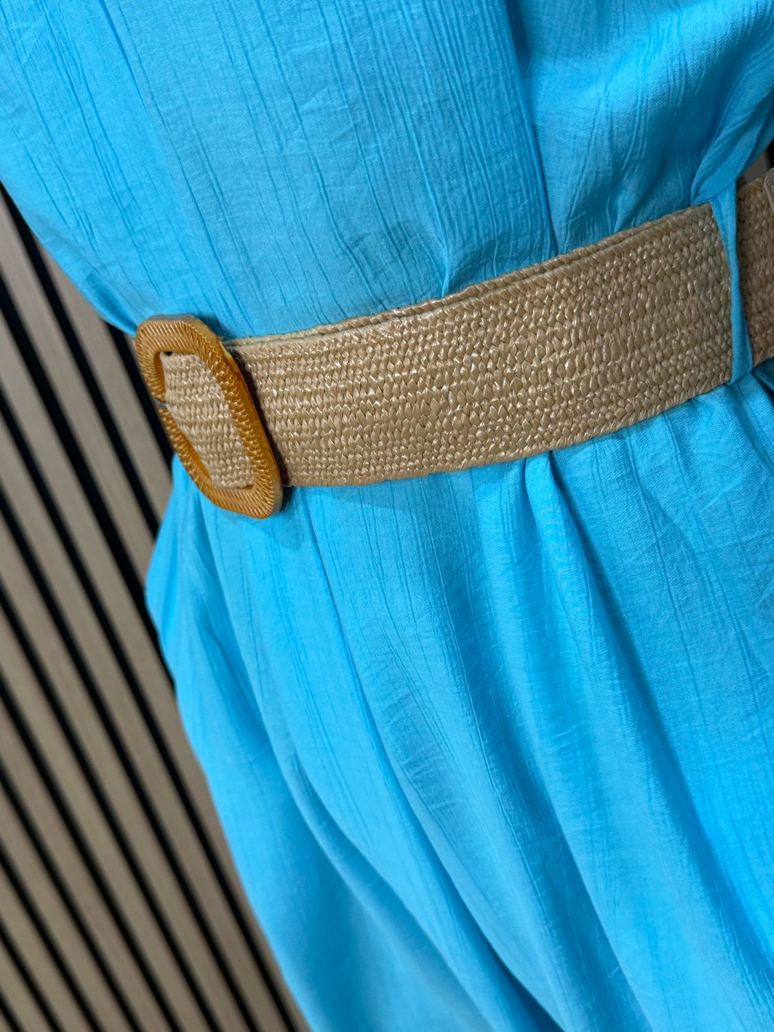Belted V Neck Dress - Aqua
