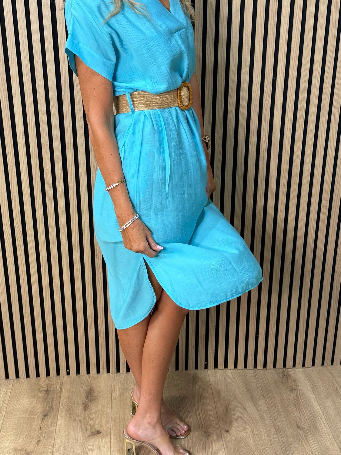 Belted V Neck Dress - Aqua