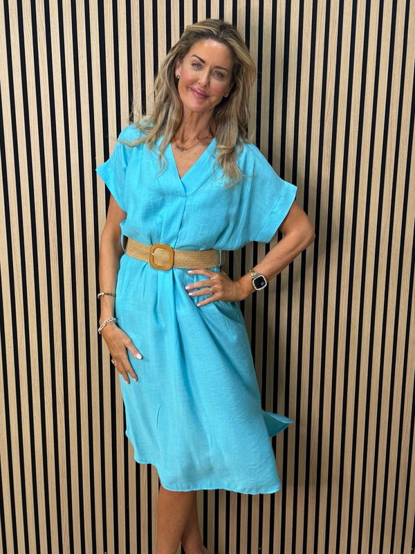 Belted V Neck Dress - Aqua