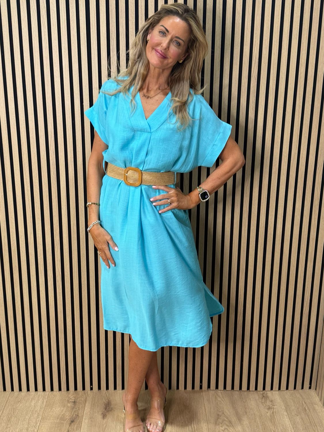 Belted V Neck Dress - Aqua