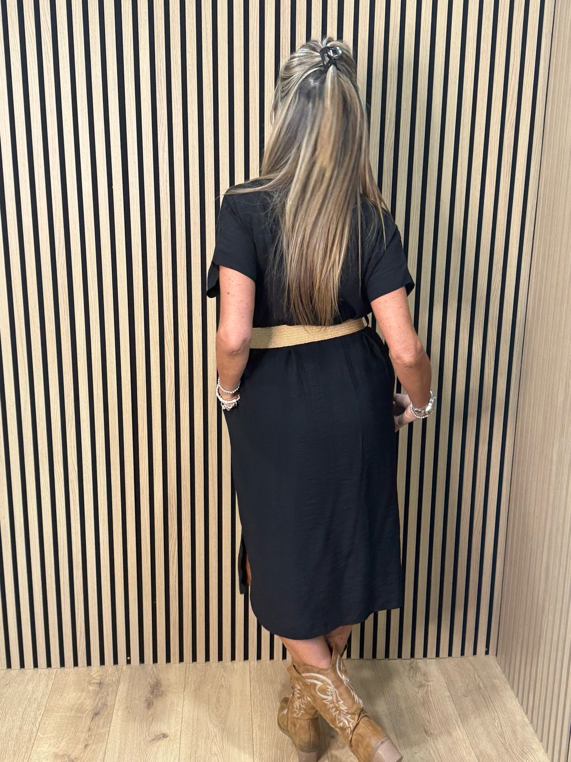 Belted V Neck Dress - Black