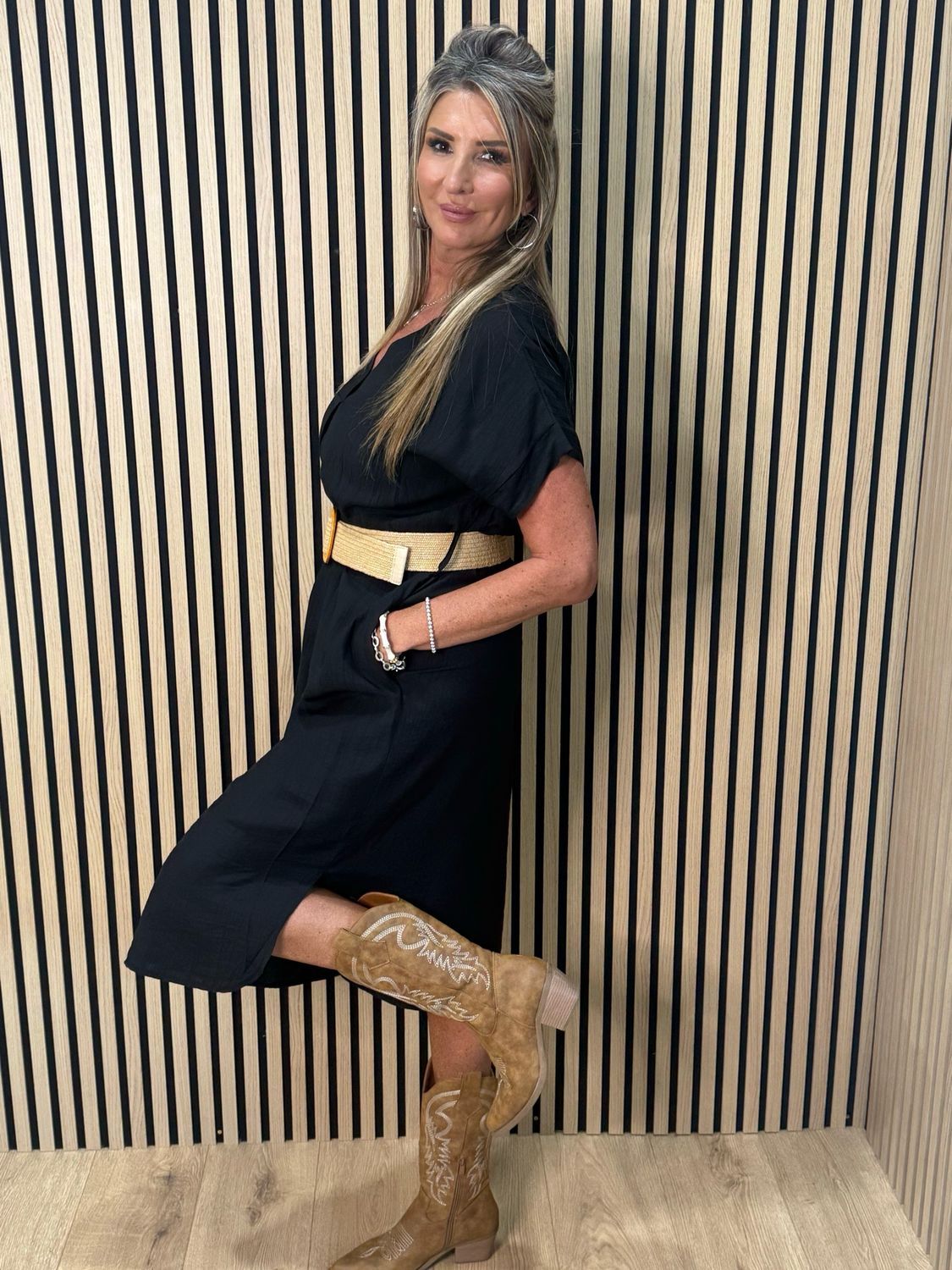 Belted V Neck Dress - Black