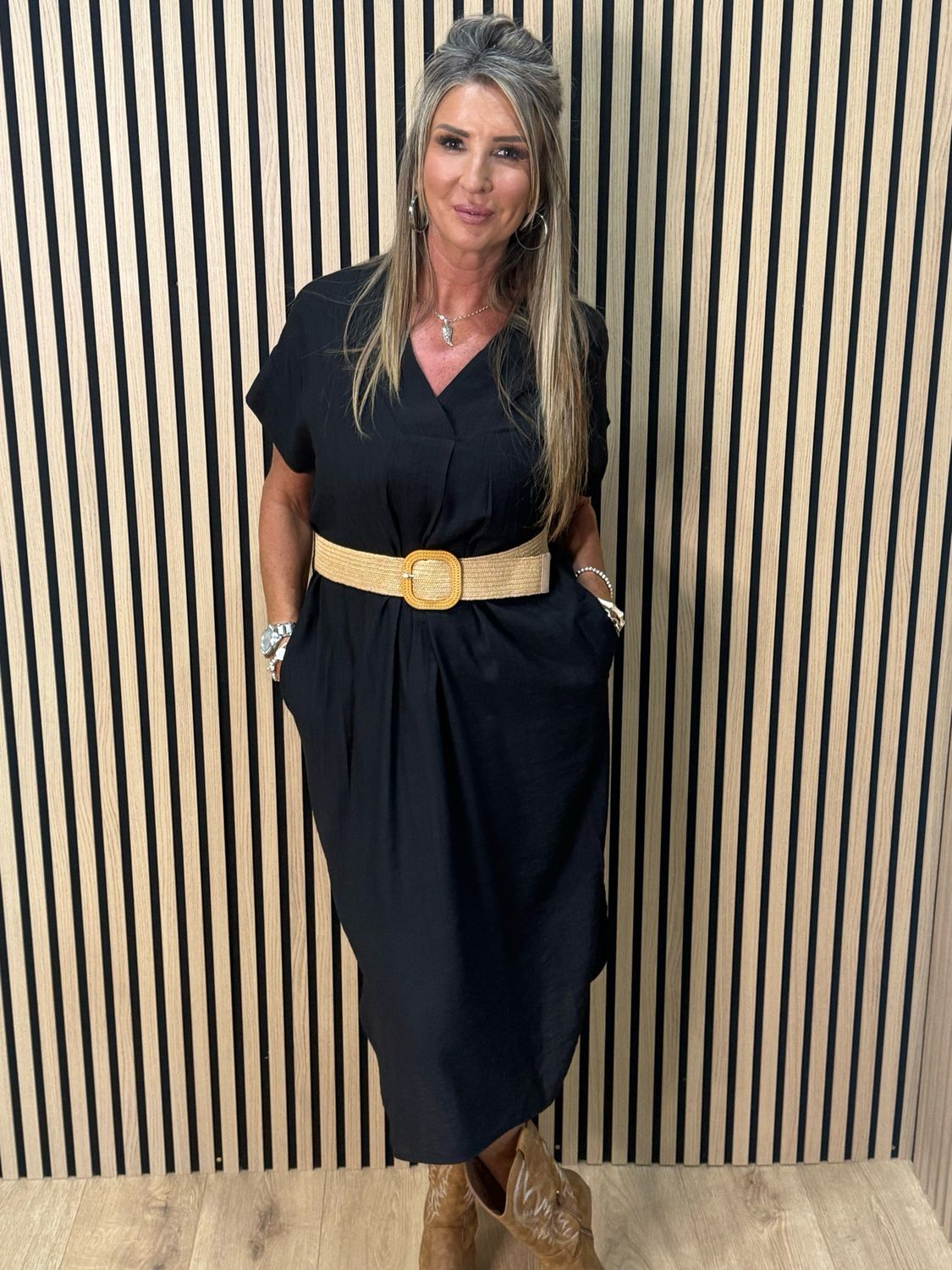 Belted V Neck Dress - Black