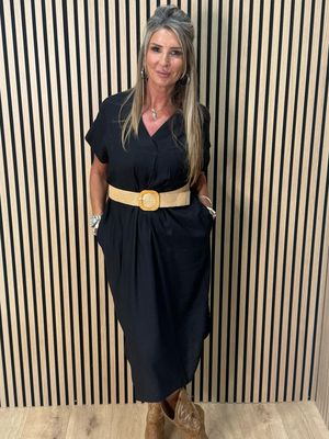 Belted V Neck Dress - Black