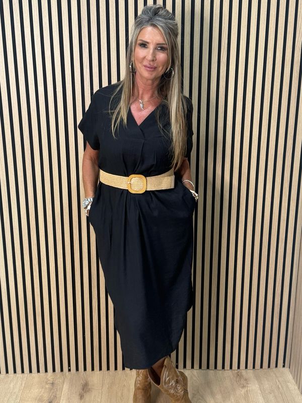 Belted V Neck Dress - Black