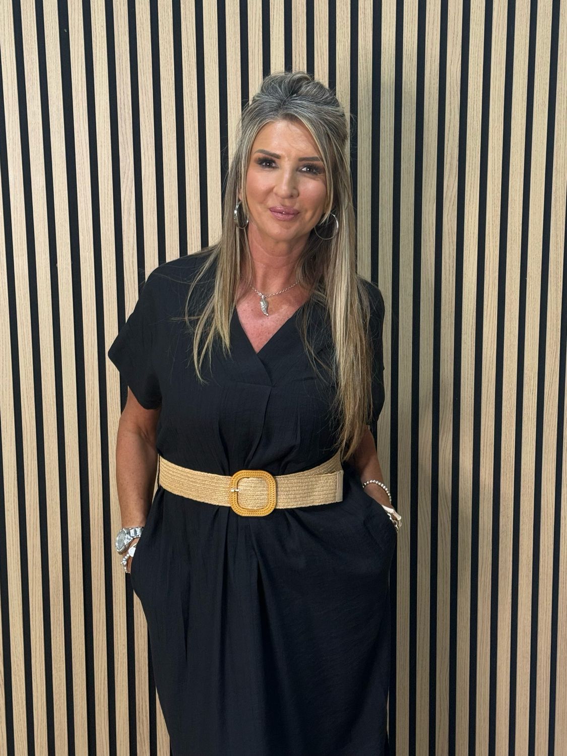 Belted V Neck Dress - Black