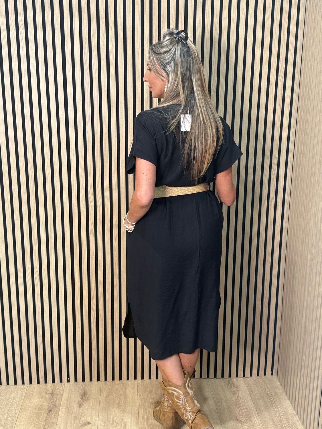 Belted V Neck Dress - Black