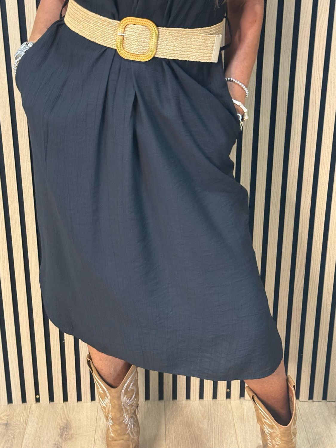 Belted V Neck Dress - Black