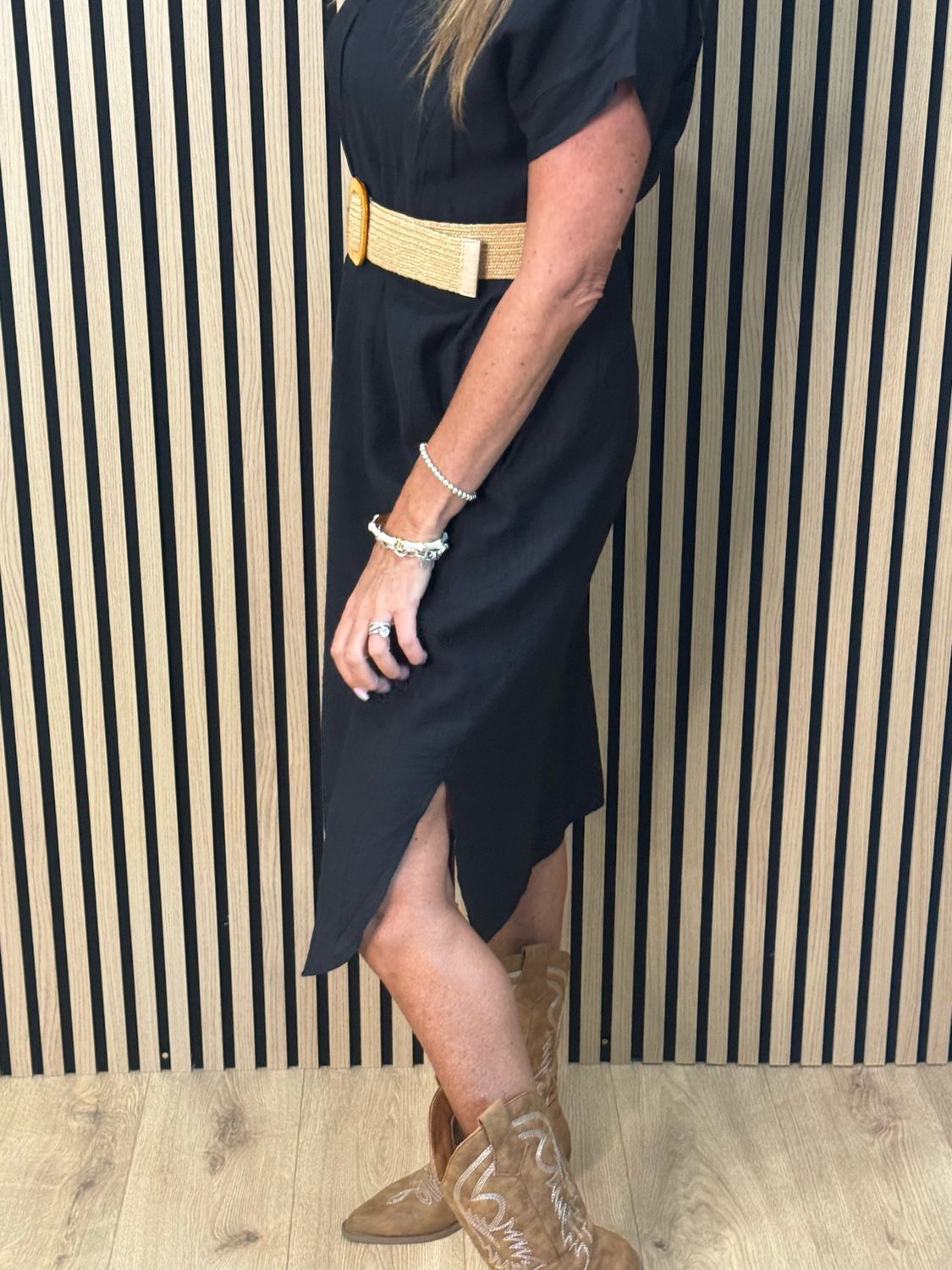 Belted V Neck Dress - Black