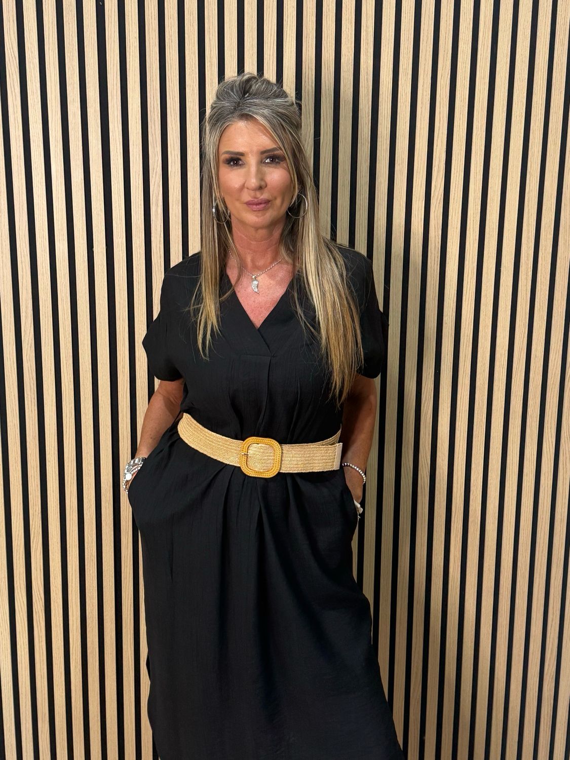 Belted V Neck Dress - Black