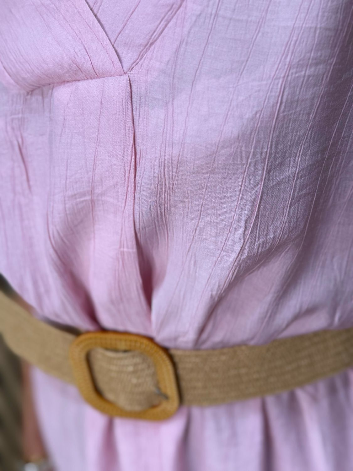 Belted V Neck Dress - Pink