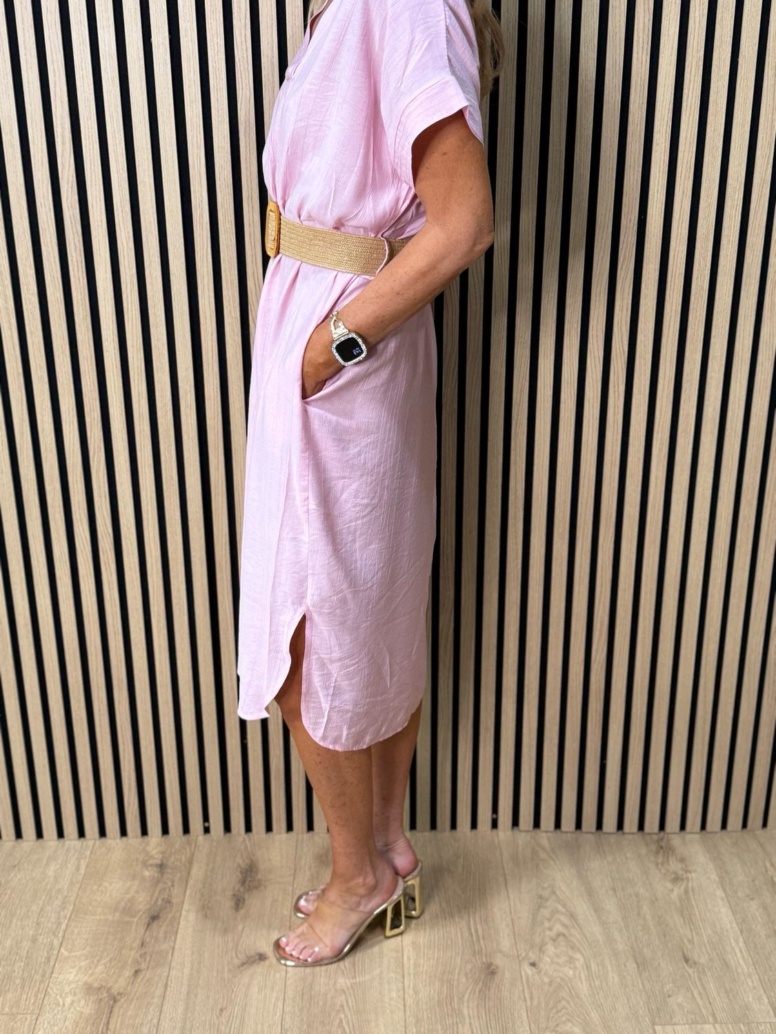 Belted V Neck Dress - Pink