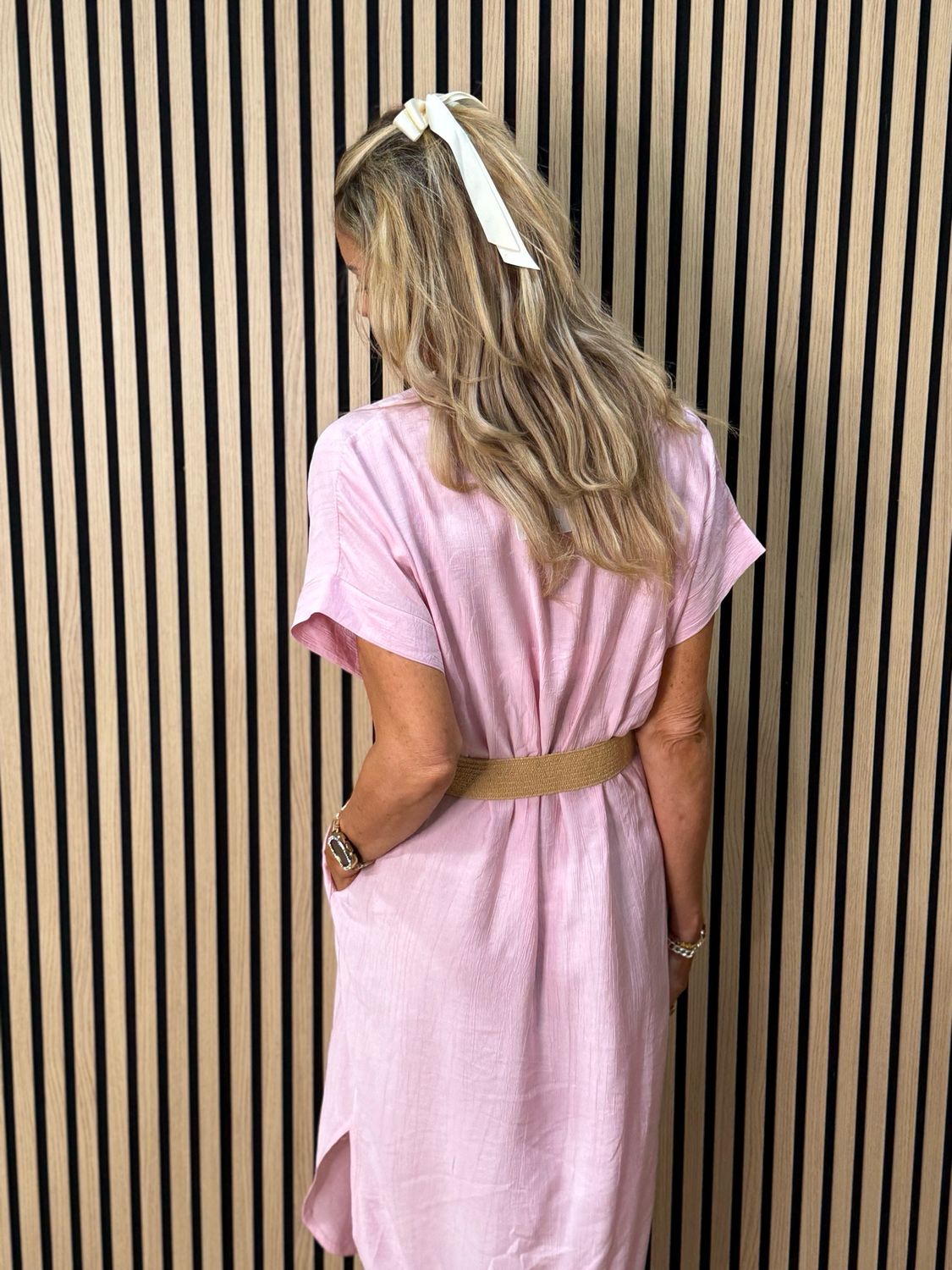 Belted V Neck Dress - Pink