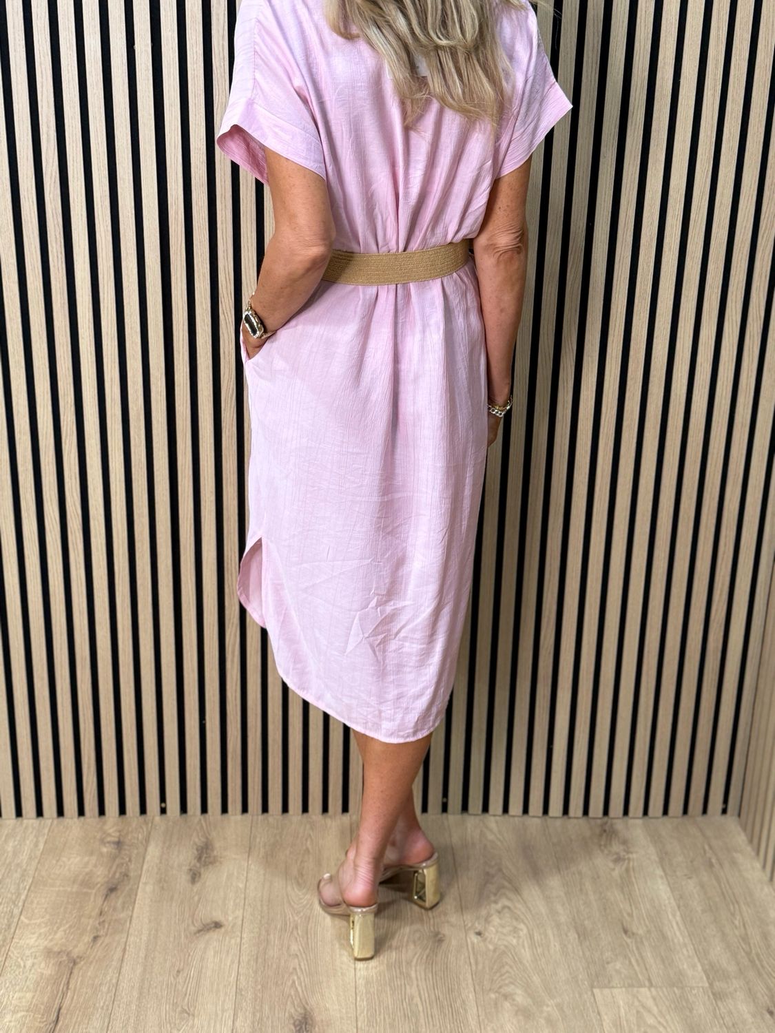Belted V Neck Dress - Pink