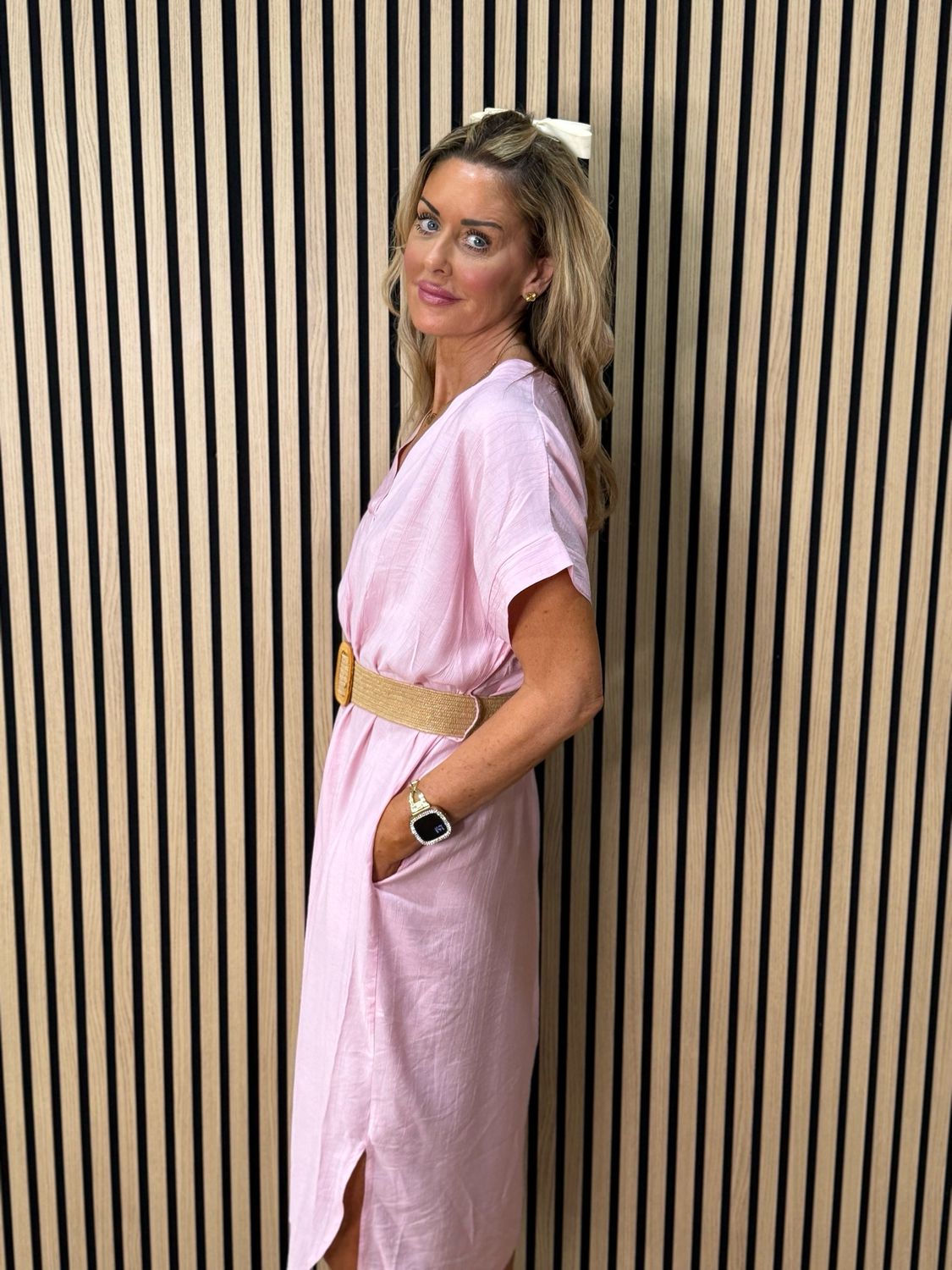 Belted V Neck Dress - Pink