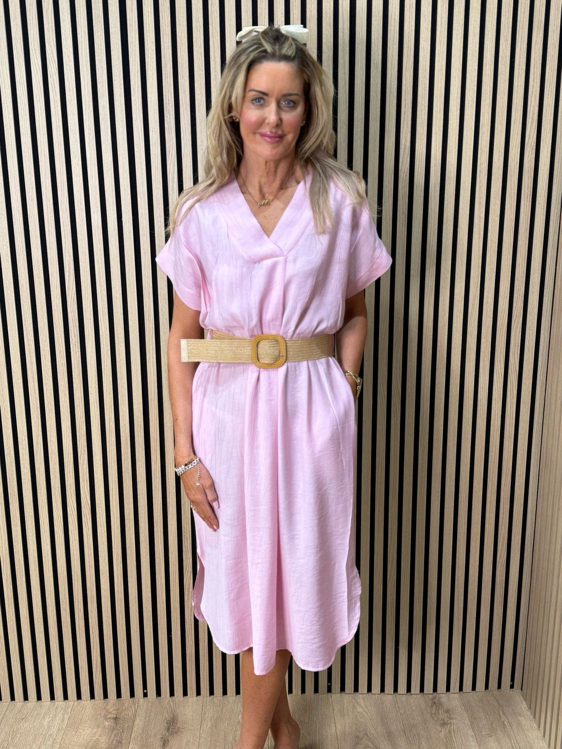 Belted V Neck Dress - Pink