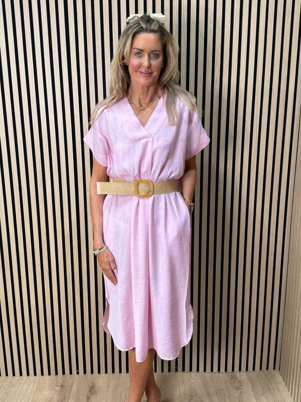 Belted V Neck Dress - Pink