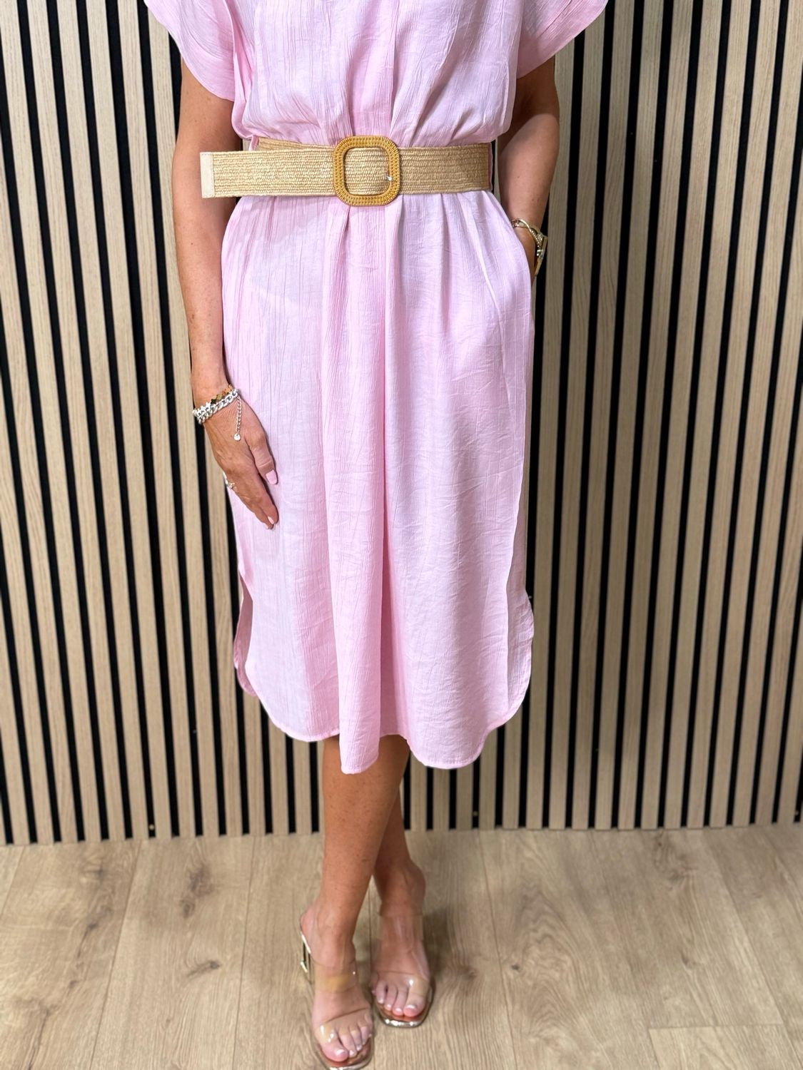 Belted V Neck Dress - Pink