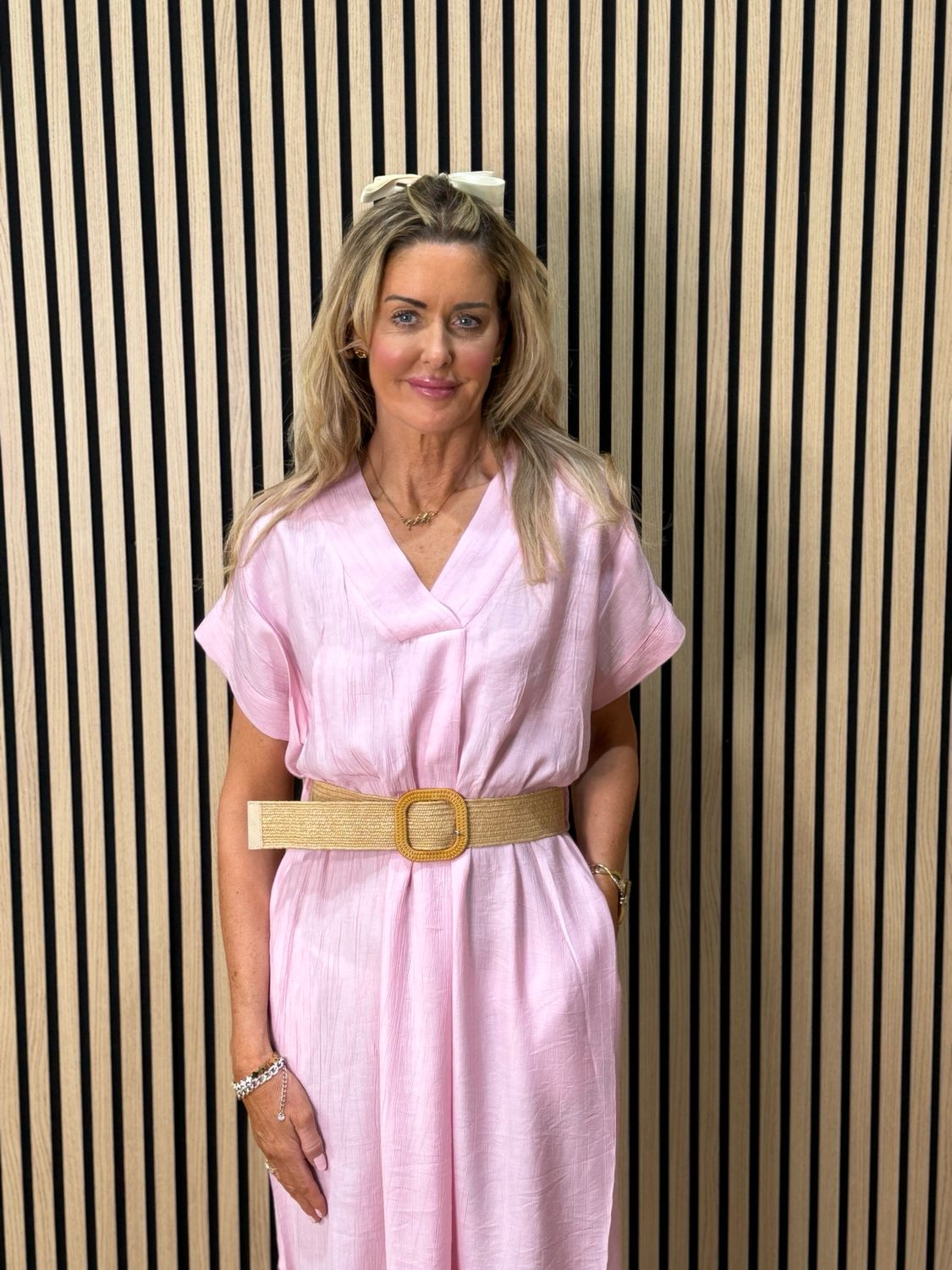 Belted V Neck Dress - Pink