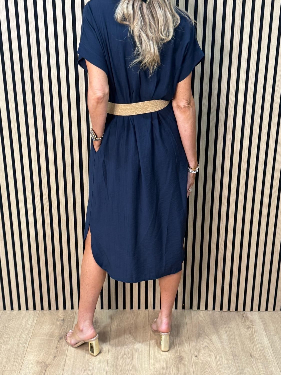 Belted V Neck Dress - Navy