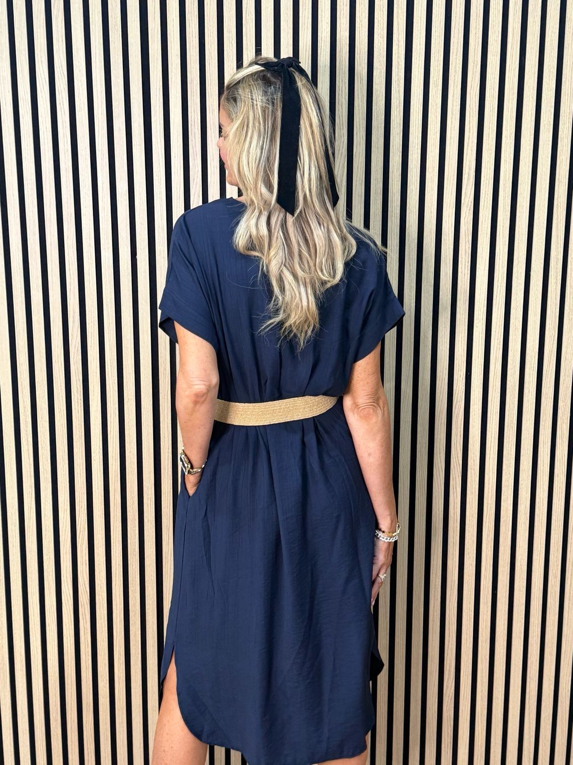 Belted V Neck Dress - Navy