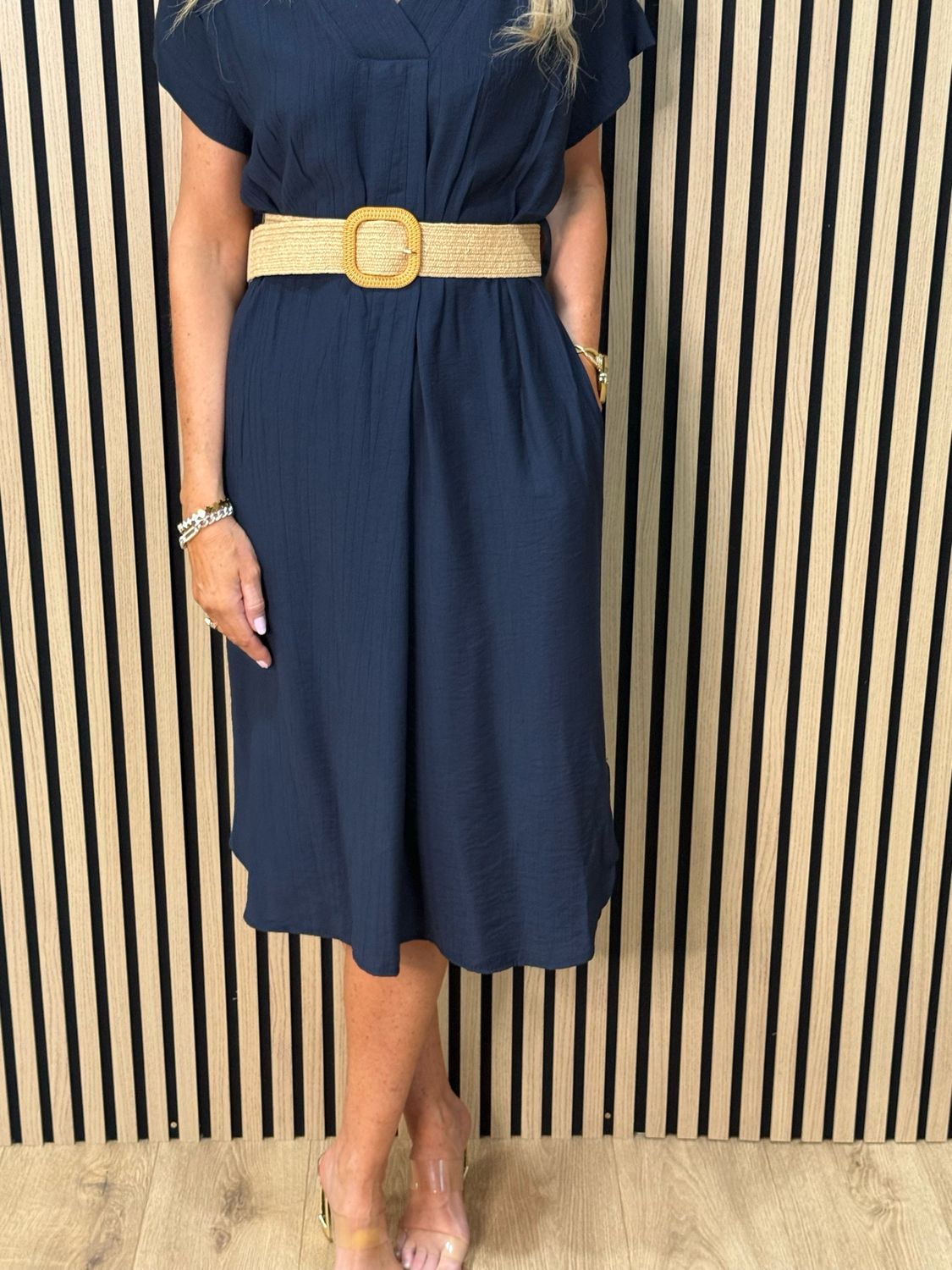 Belted V Neck Dress - Navy
