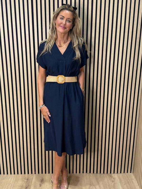 Belted V Neck Dress - Navy