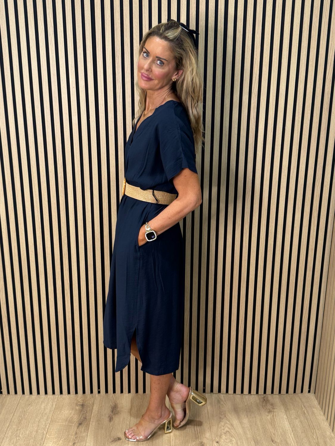 Belted V Neck Dress - Navy