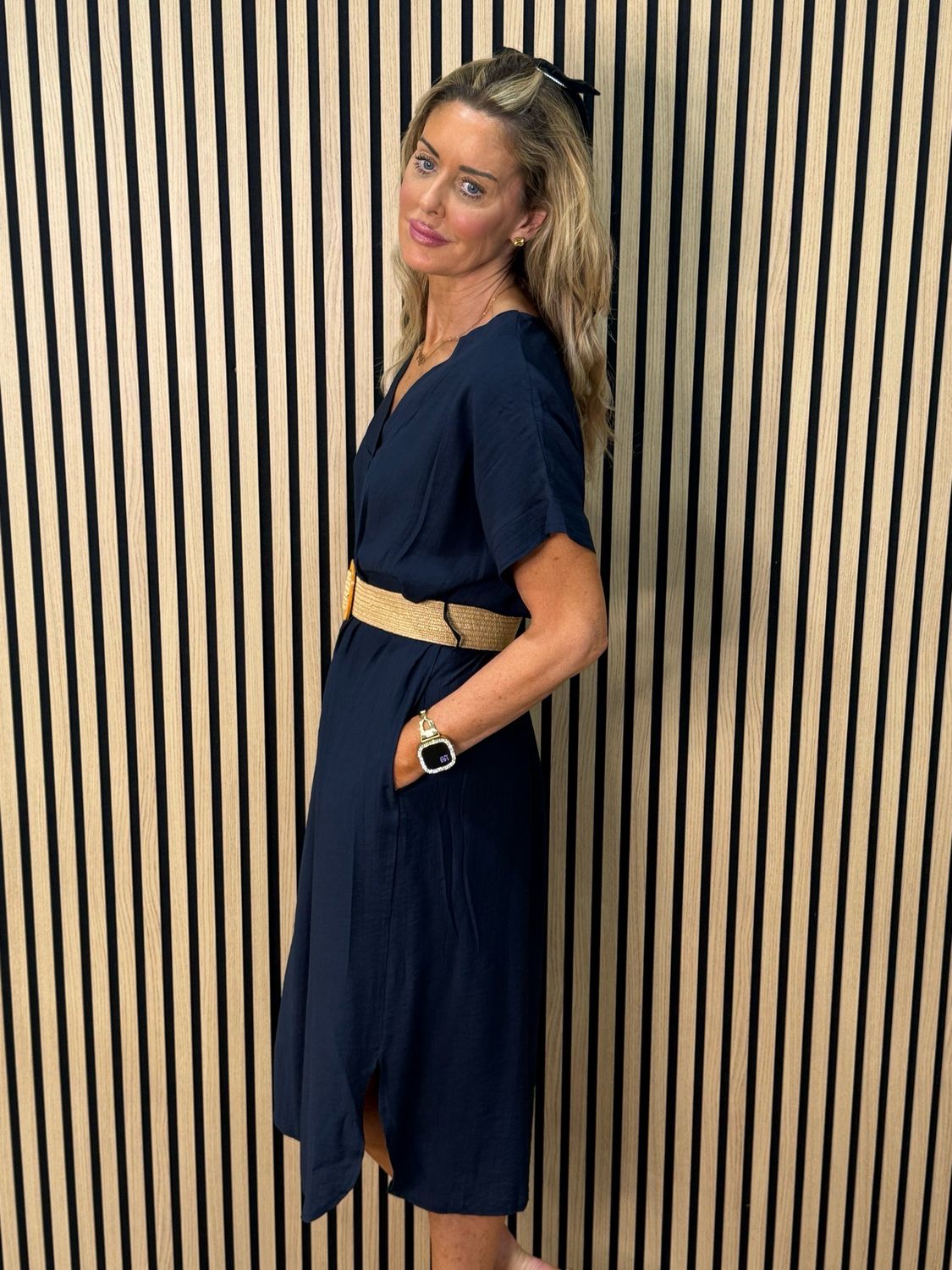 Belted V Neck Dress - Navy