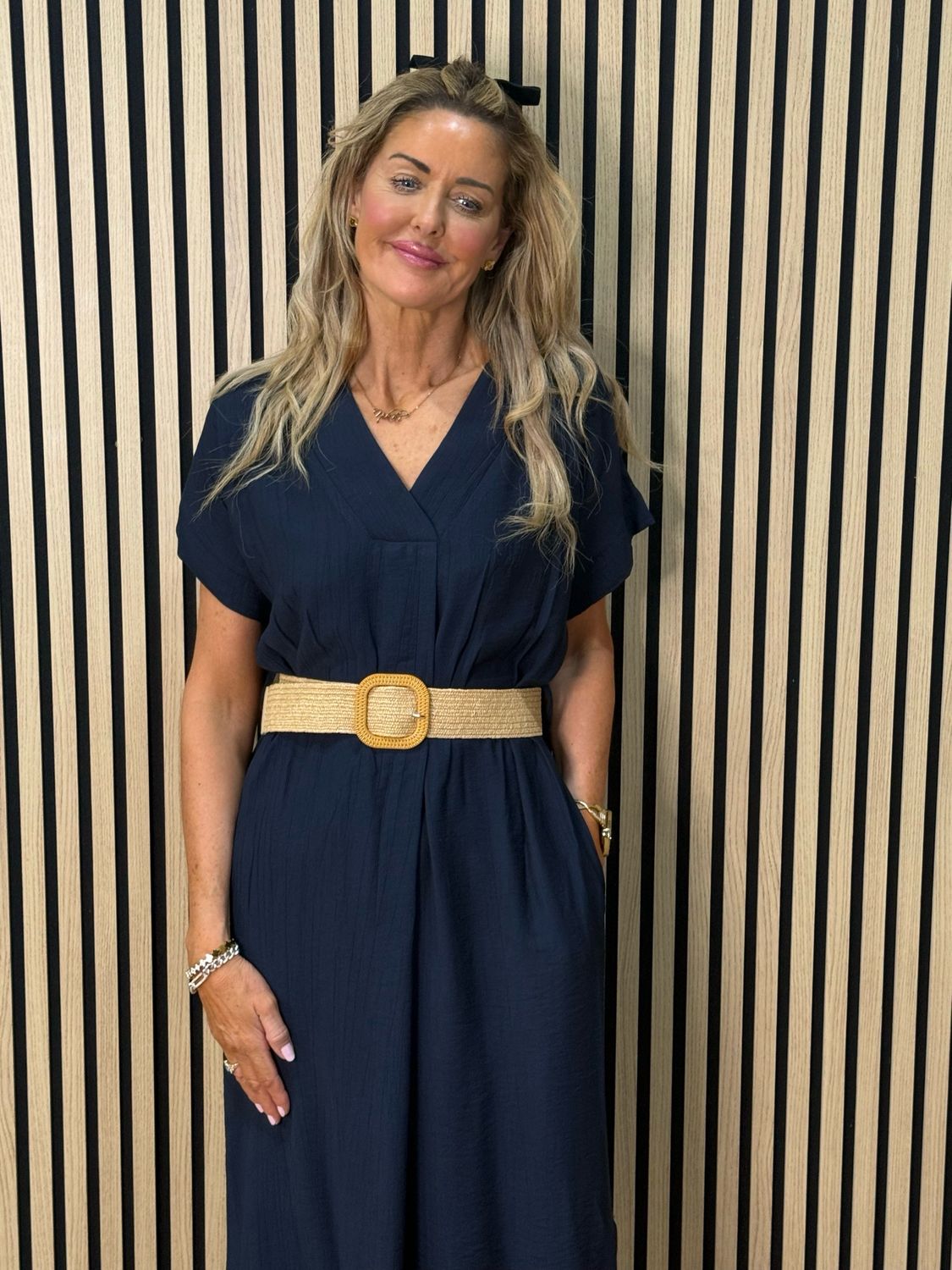 Belted V Neck Dress - Navy