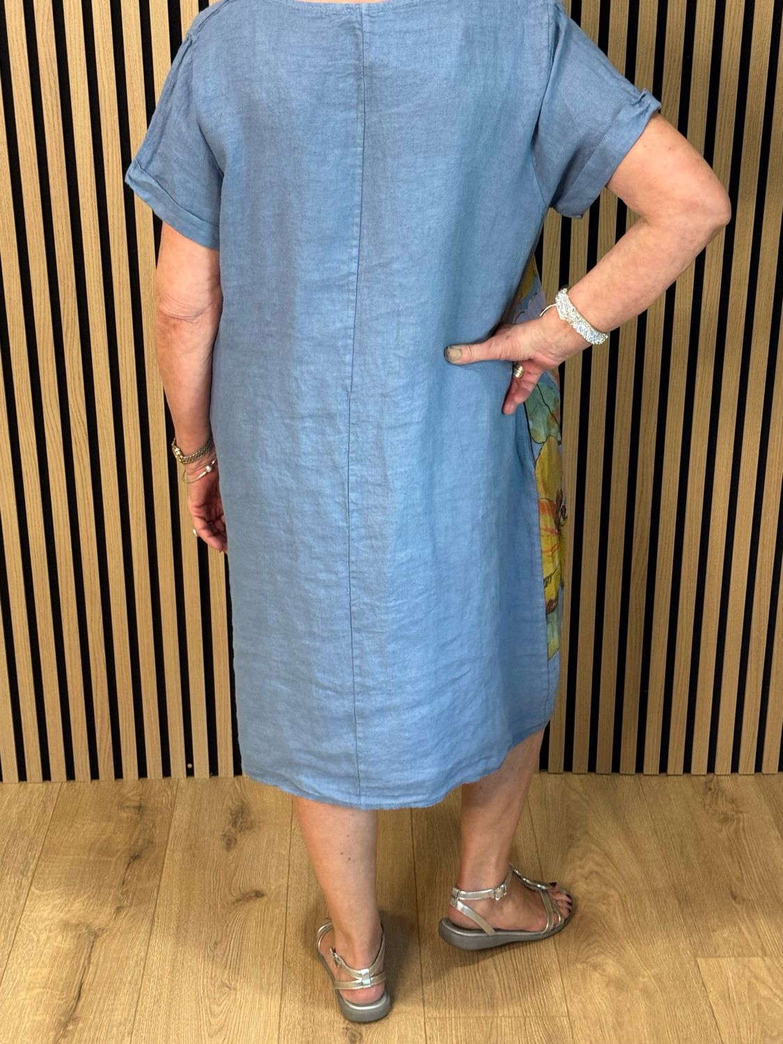 Floral Linen Midi Dress - Denim Blue