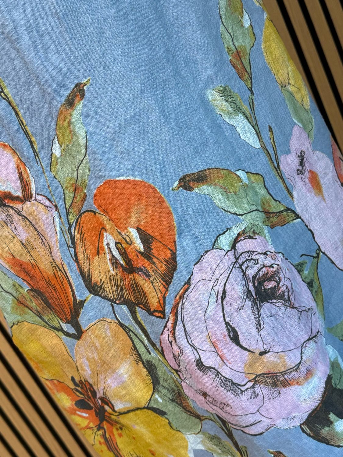 Floral Linen Midi Dress - Denim Blue