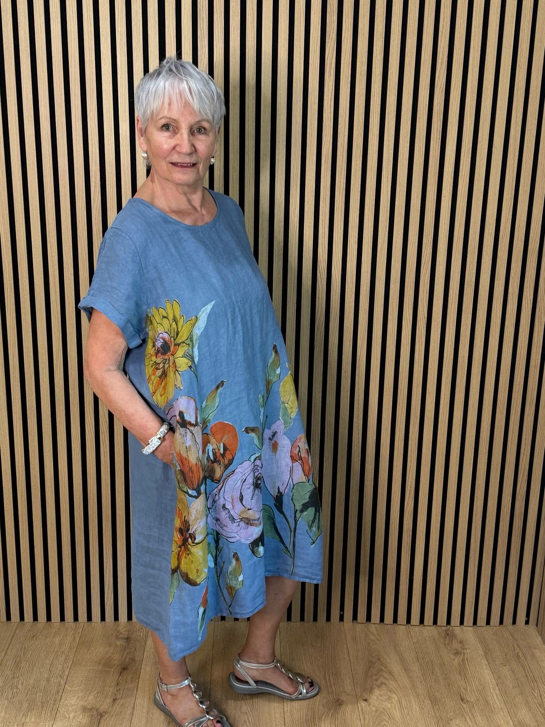 Floral Linen Midi Dress - Denim Blue