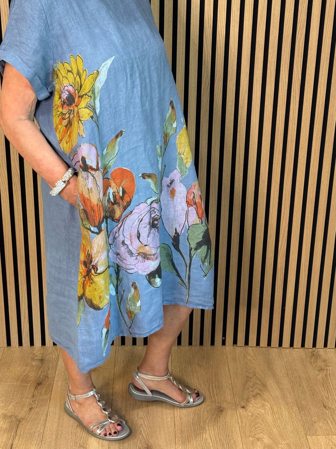 Floral Linen Midi Dress - Denim Blue