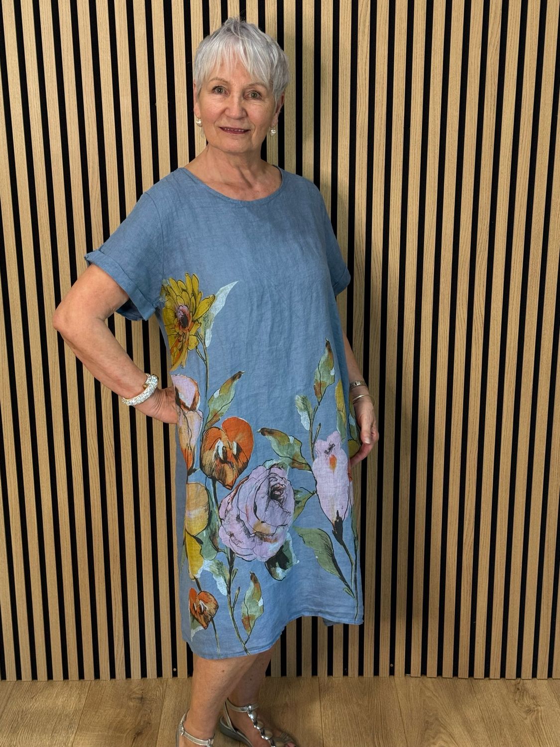 Floral Linen Midi Dress - Denim Blue