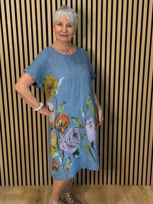 Floral Linen Midi Dress - Denim Blue