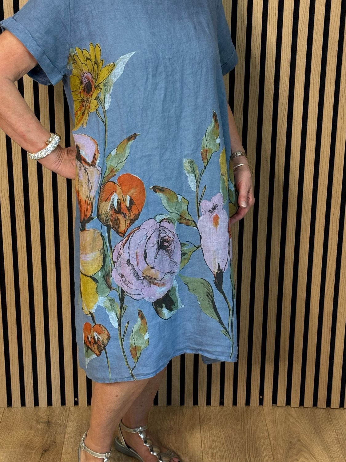 Floral Linen Midi Dress - Denim Blue