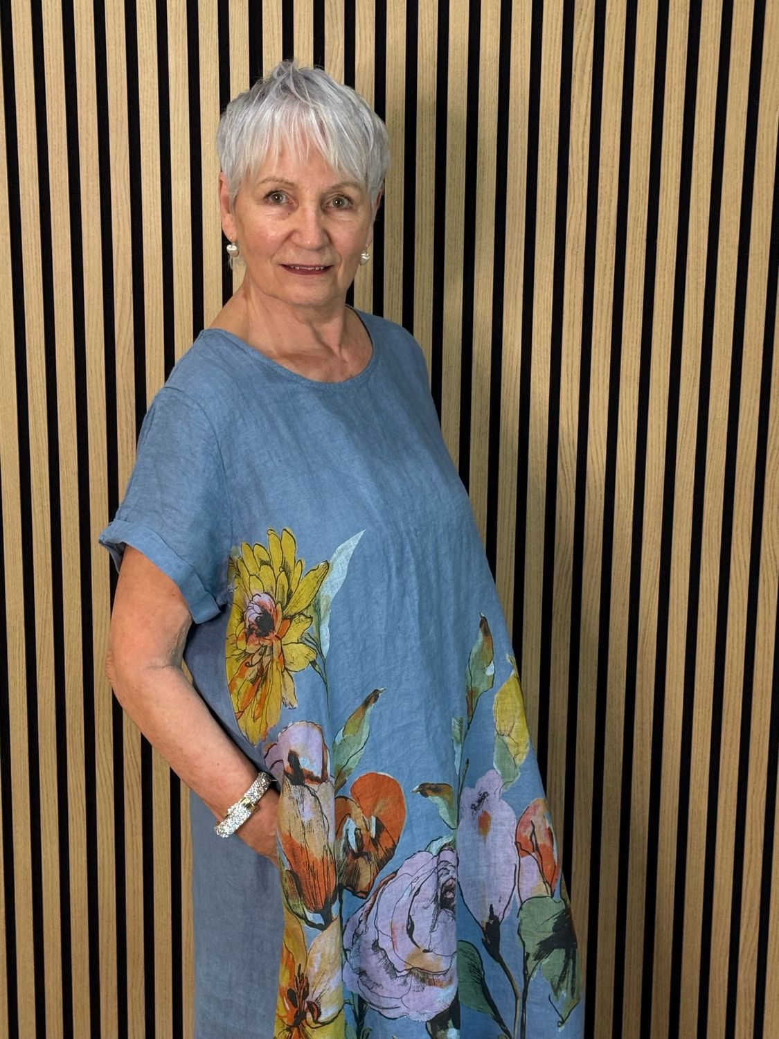 Floral Linen Midi Dress - Denim Blue