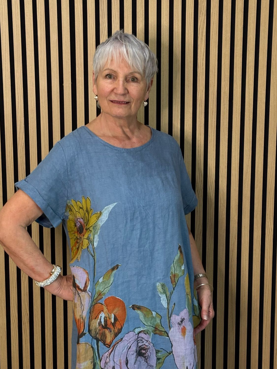 Floral Linen Midi Dress - Denim Blue