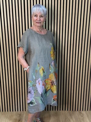 Floral Linen Midi Dress - Taupe