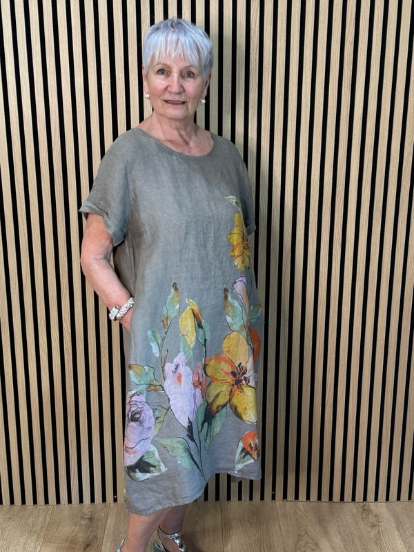 Floral Linen Midi Dress - Taupe