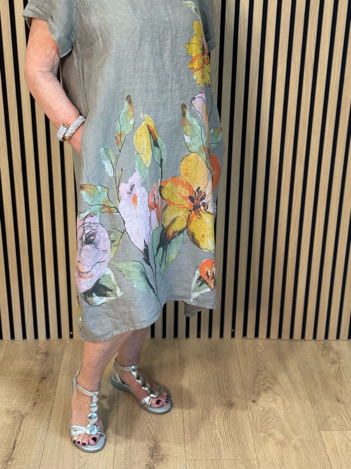 Floral Linen Midi Dress - Taupe